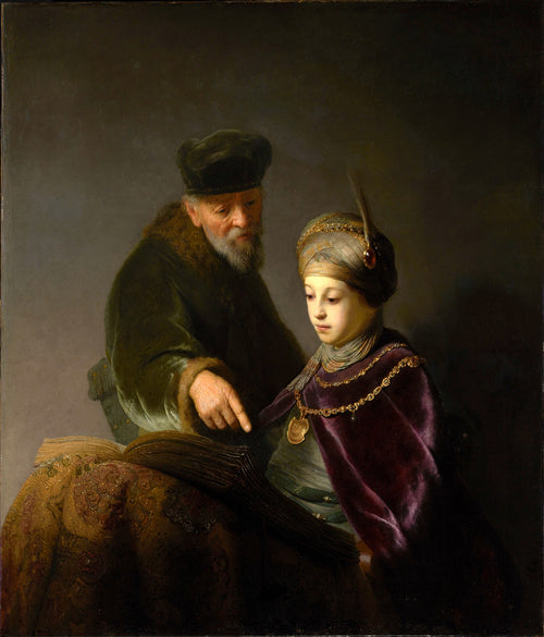Quadro decorativo com pintura a óleo de Rembrandt, 'O Erudito e seu Aluno', mostrando um homem mais velho com barba ensinando um jovem ricamente vestido, ambos debruçados sobre um livro antigo em uma cena de claro-escuro.