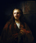 Quadro decorativo 'A Cabeça de Cristo' de Rembrandt van Rijn, mostrando um homem com cabelo longo e barba, olhar sereno, em tons escuros e iluminação dramática.