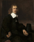 Retrato de um homem com cabelo encaracolado e bigode, vestindo roupas escuras e uma gola branca, sentado com um chapéu preto ao seu lado, em um fundo escuro. Obra atribuída a Rembrandt van Rijn.