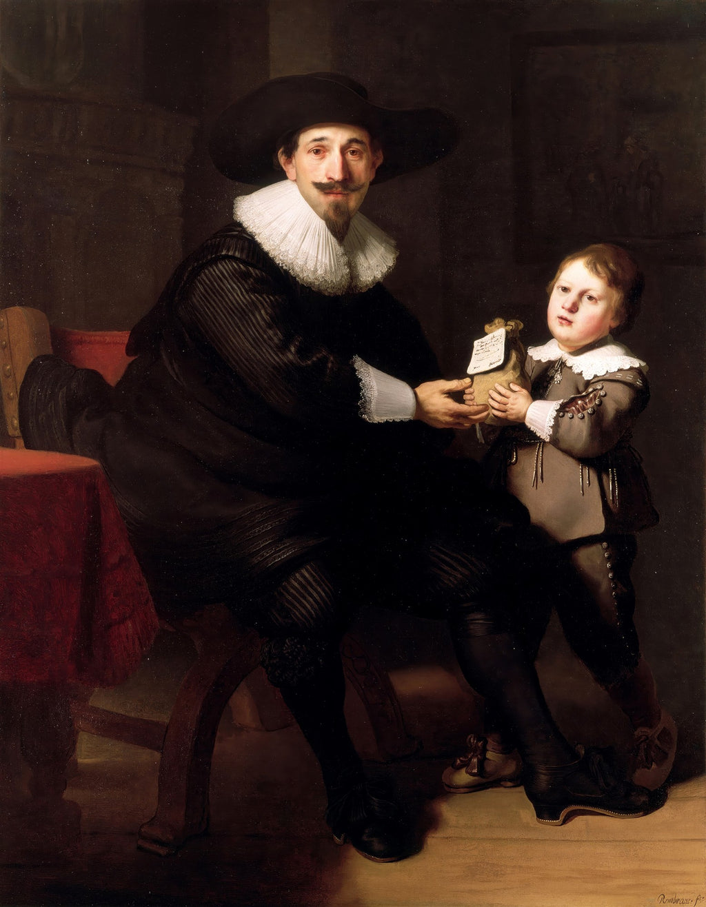 Quadro decorativo mostrando um homem barbudo de chapéu e gola branca, sentado, entregando um objeto a um menino ao seu lado, ambos em vestes do século XVII. A obra é atribuída a Rembrandt.