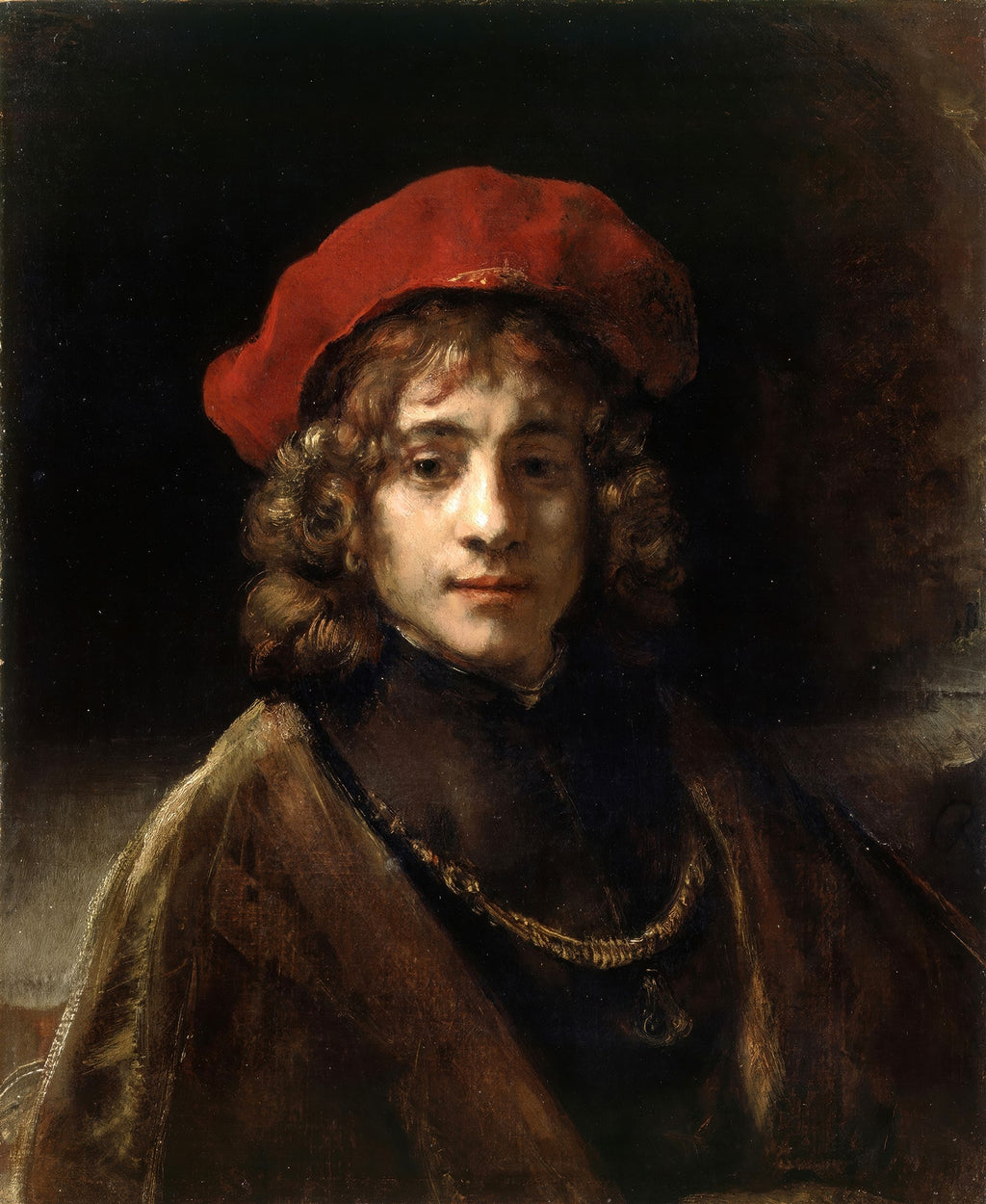 Autorretrato jovem de Rembrandt van Rijn, um homem de cabelos cacheados e chapéu vermelho, com um colar dourado sobre um casaco escuro, em um fundo escuro.