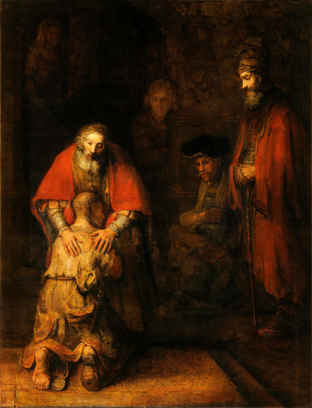Quadro decorativo com a pintura 'O Retorno do Filho Pródigo' de Rembrandt, mostrando um pai idoso de túnica vermelha abraçando seu filho ajoelhado, com outras figuras observando em segundo plano, em tons escuros e iluminação dramática.