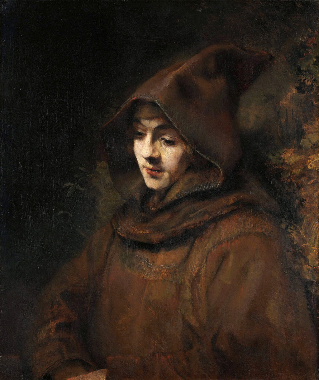 Retrato de uma jovem mulher com capuz marrom e manto escuro, com iluminação dramática no rosto, atribuído a Rembrandt van Rijn.