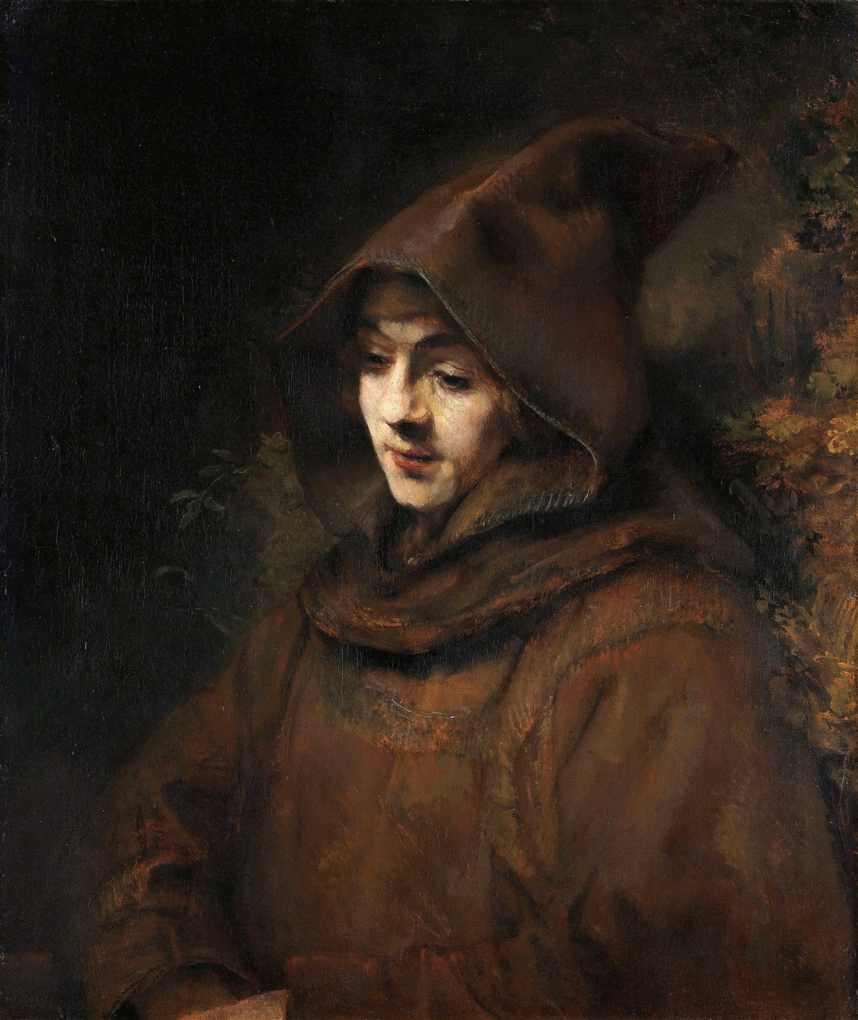 Retrato de uma jovem mulher com capuz marrom e manto escuro, com iluminação dramática no rosto, atribuído a Rembrandt van Rijn.