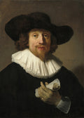 Retrato de Maurits Huygens por Rembrandt, um homem de meia-idade com chapéu preto, colarinho branco plissado e barba, segurando um papel enrolado, em fundo escuro.