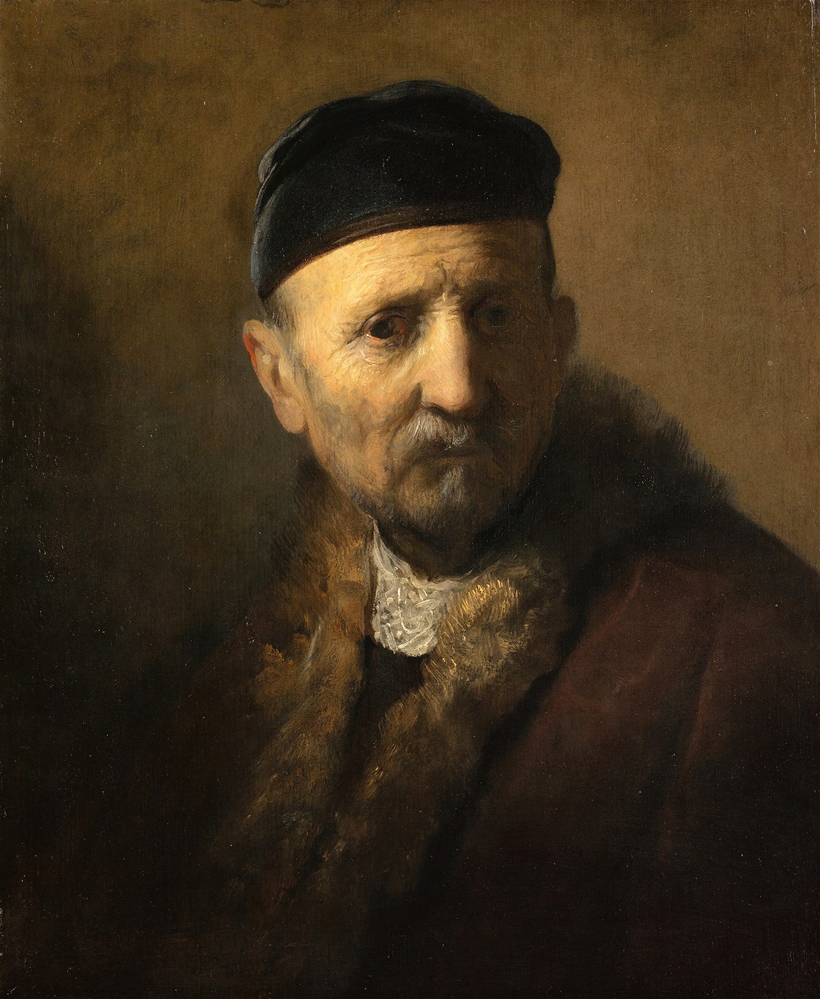 Retrato de um homem idoso com chapéu preto e casaco de pele marrom, em estilo barroco, atribuído a Rembrandt.