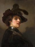 Autorretrato de Rembrandt van Rijn, um homem com um barrete escuro, um brinco de argola e vestes escuras, olhando ligeiramente para a direita com uma expressão séria. A iluminação dramática destaca seu rosto contra um fundo escuro.