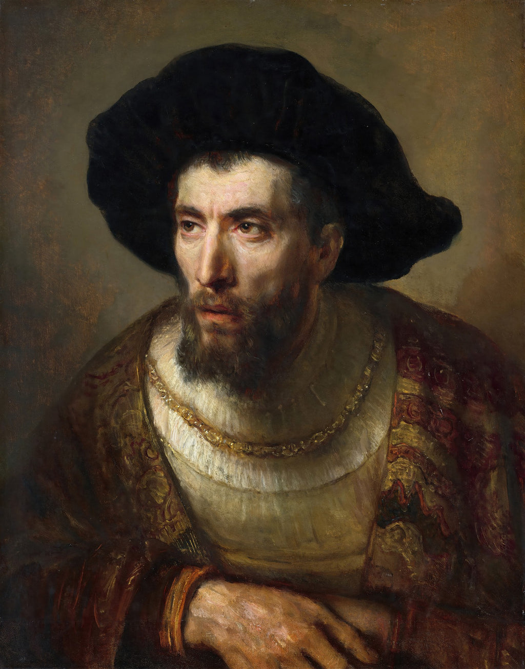 Retrato de um homem barbudo com chapéu preto grande, olhar pensativo, atribuído a Rembrandt. Técnica de óleo sobre tela com iluminação dramática.