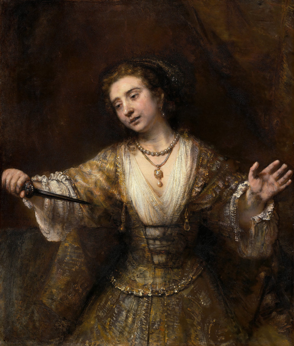 Quadro decorativo mostrando Lucrecia de Rembrandt, com uma mulher em vestes ricas e perolas, segurando uma adaga em um momento de desespero e resignação. Fundo escuro e dramático.