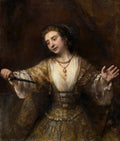 Quadro decorativo mostrando Lucrecia de Rembrandt, com uma mulher em vestes ricas e perolas, segurando uma adaga em um momento de desespero e resignação. Fundo escuro e dramático.