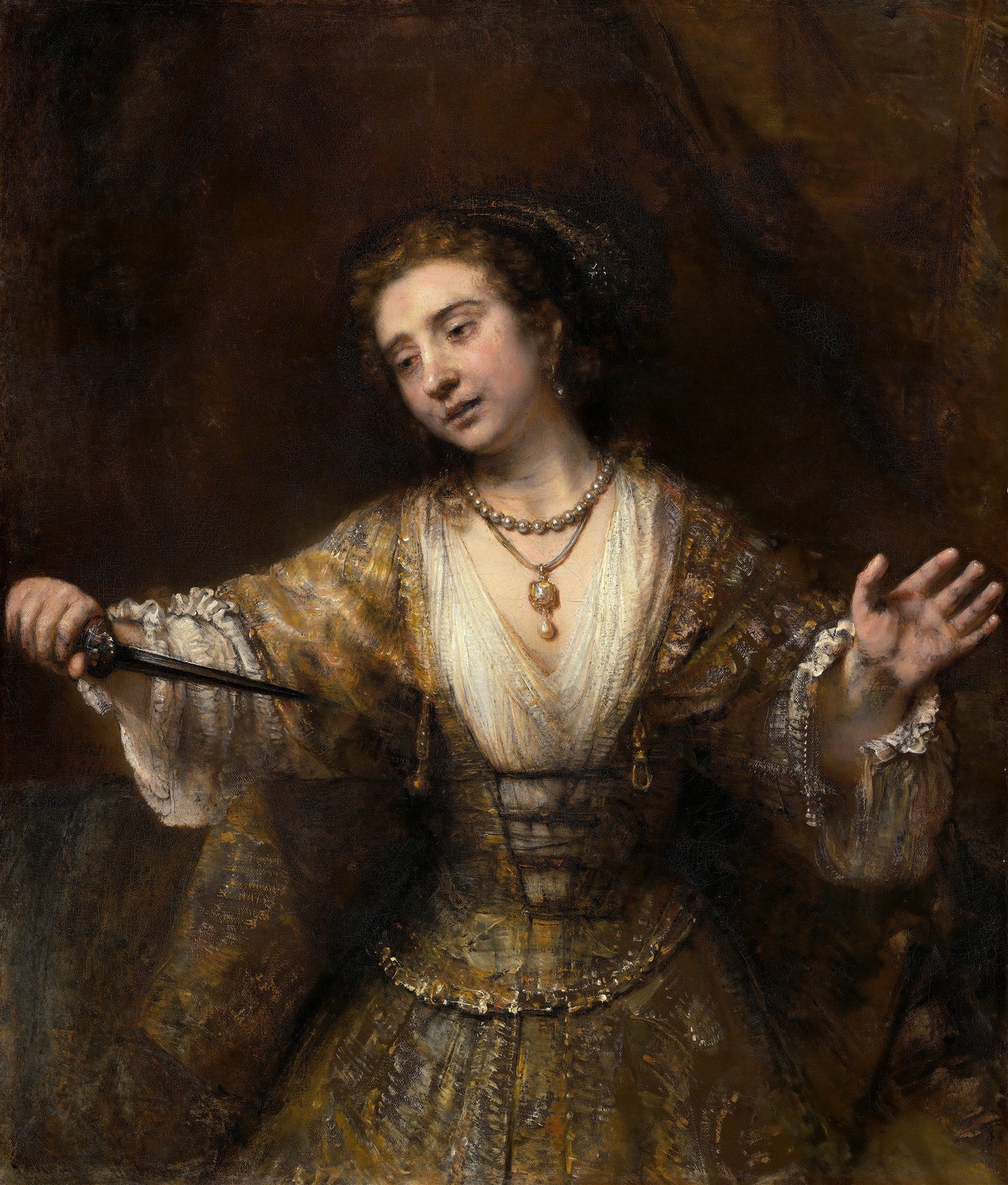 Quadro decorativo mostrando Lucrecia de Rembrandt, com uma mulher em vestes ricas e perolas, segurando uma adaga em um momento de desespero e resignação. Fundo escuro e dramático.