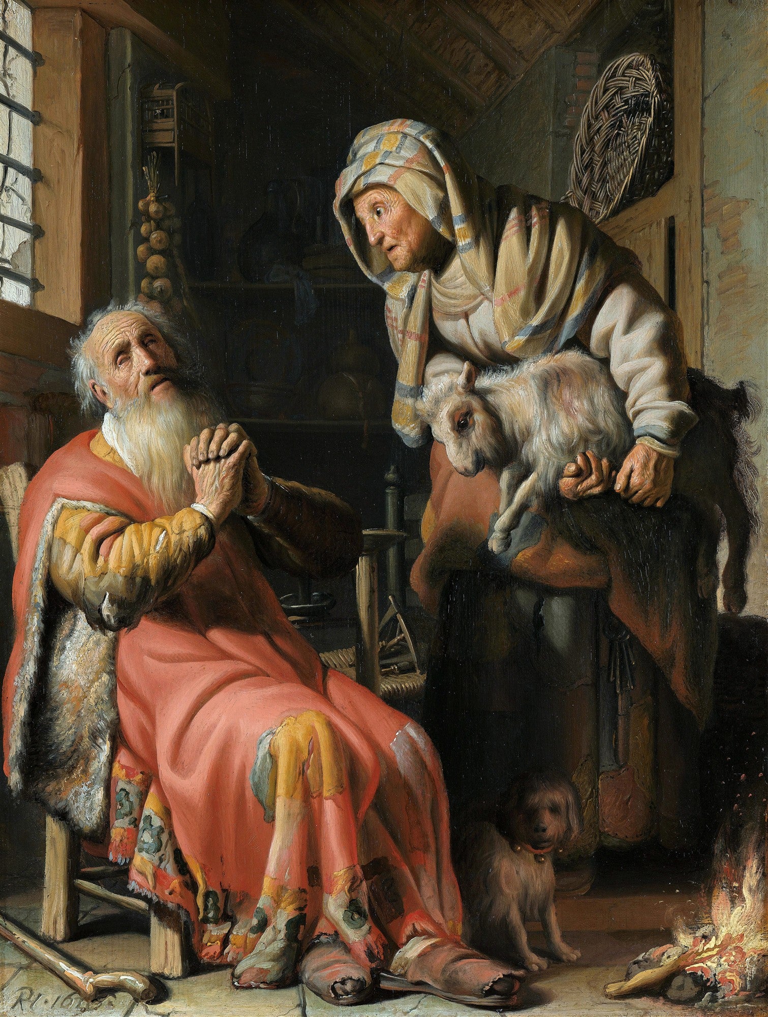 Quadro decorativo com representação bíblica de Tobias, um homem idoso e cego, sentado e orando, e Ana, uma mulher mais velha, em pé, segurando um cabrito, iluminados por uma luz dramática em um ambiente doméstico.