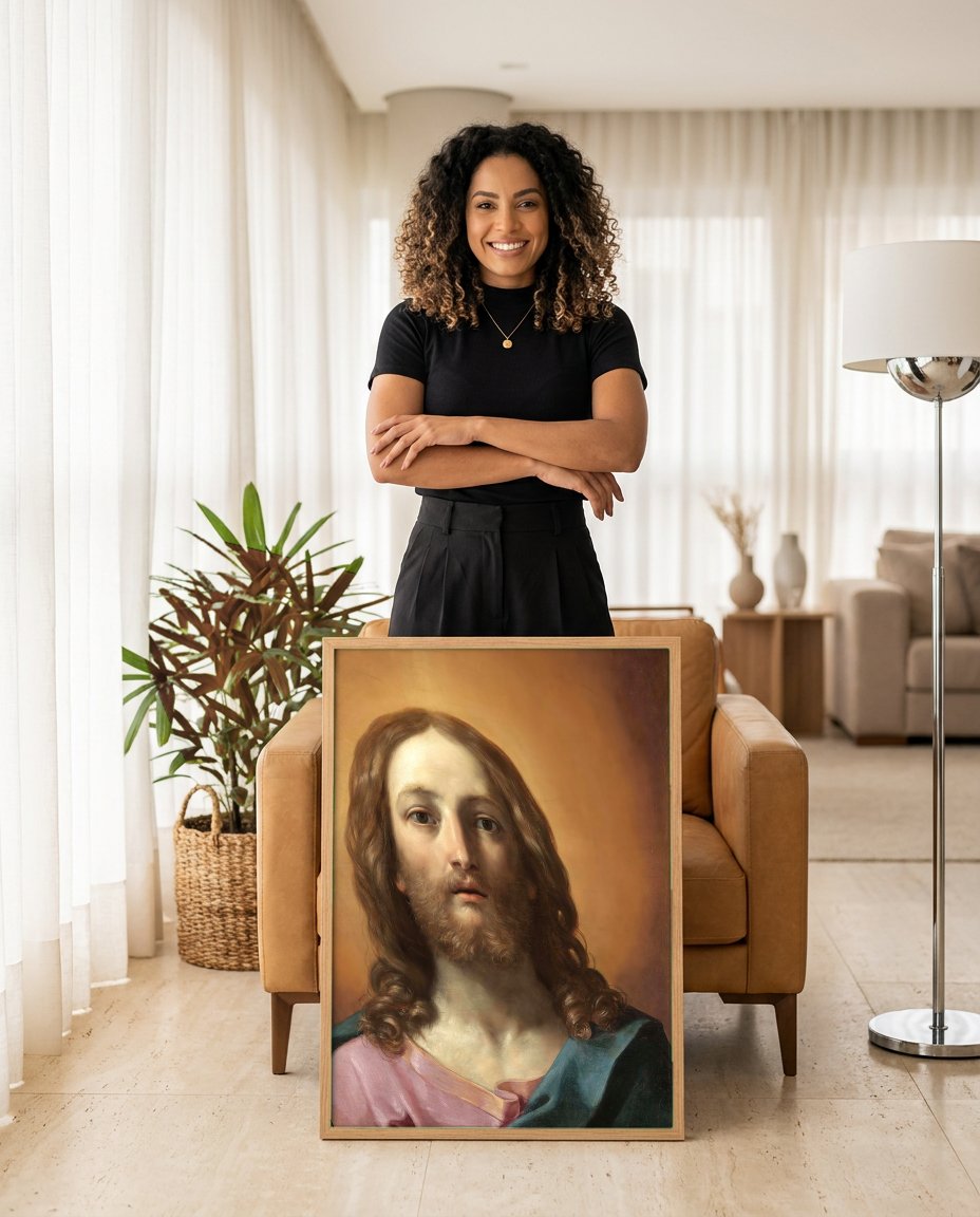 Quadro Decorativo Jesus Cristo - Guido Reni com modelo em ambiente