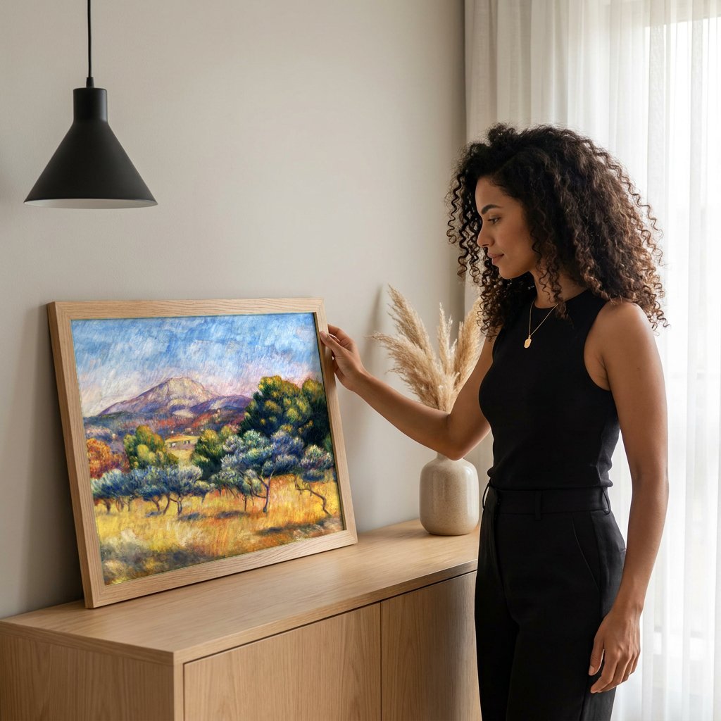 Quadro Decorativo Campo de Oliveiras - Renoir com modelo em ambiente