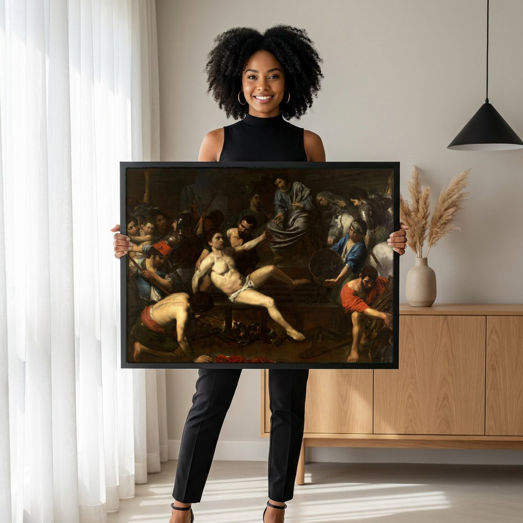 Quadro Decorativo Martírio de São Lourenço - Valentin de Boulogne com modelo em ambiente