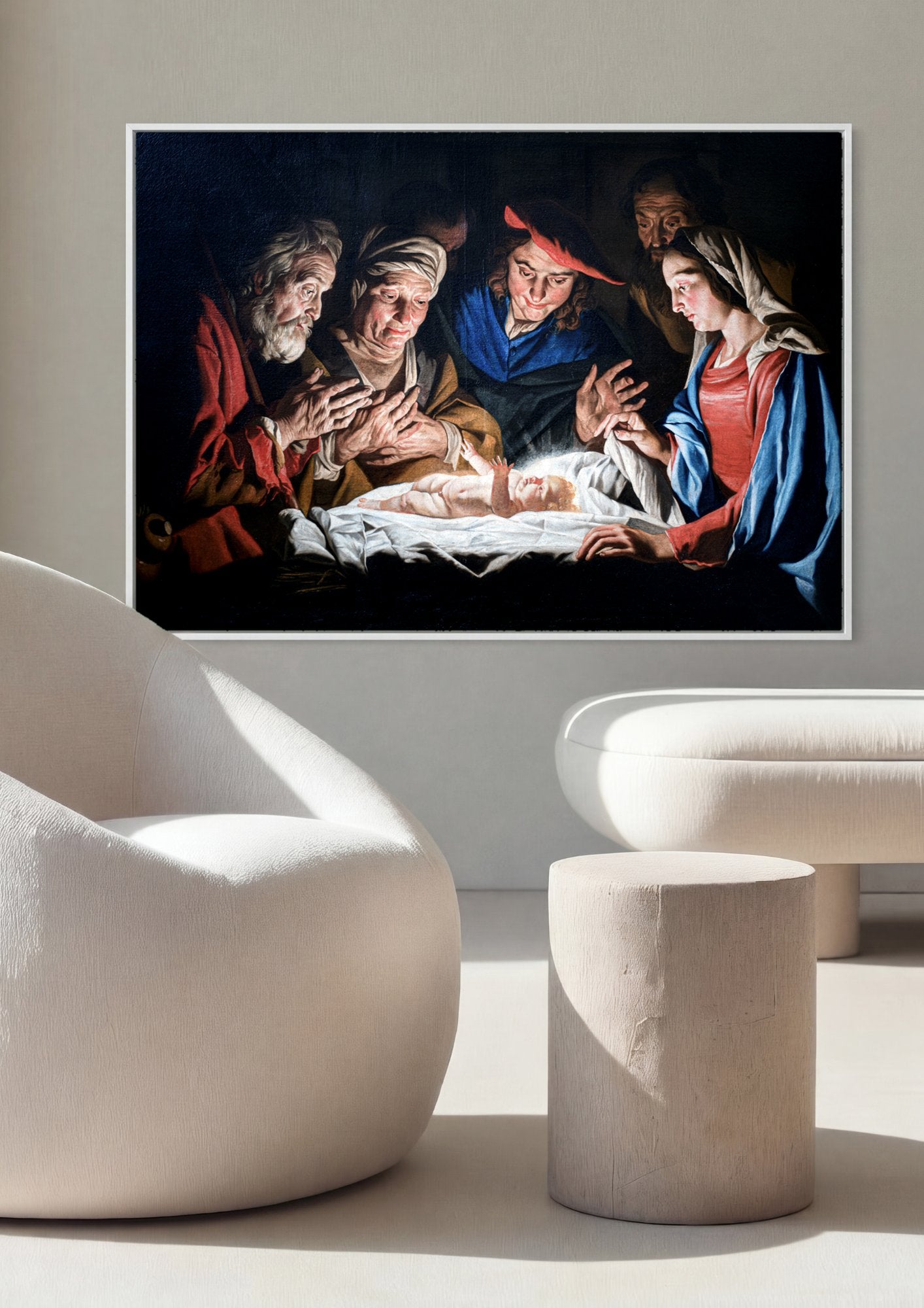 Quadro Decorativo Adoracao dos Pastores - Matthias Stomer em ambiente decorado
