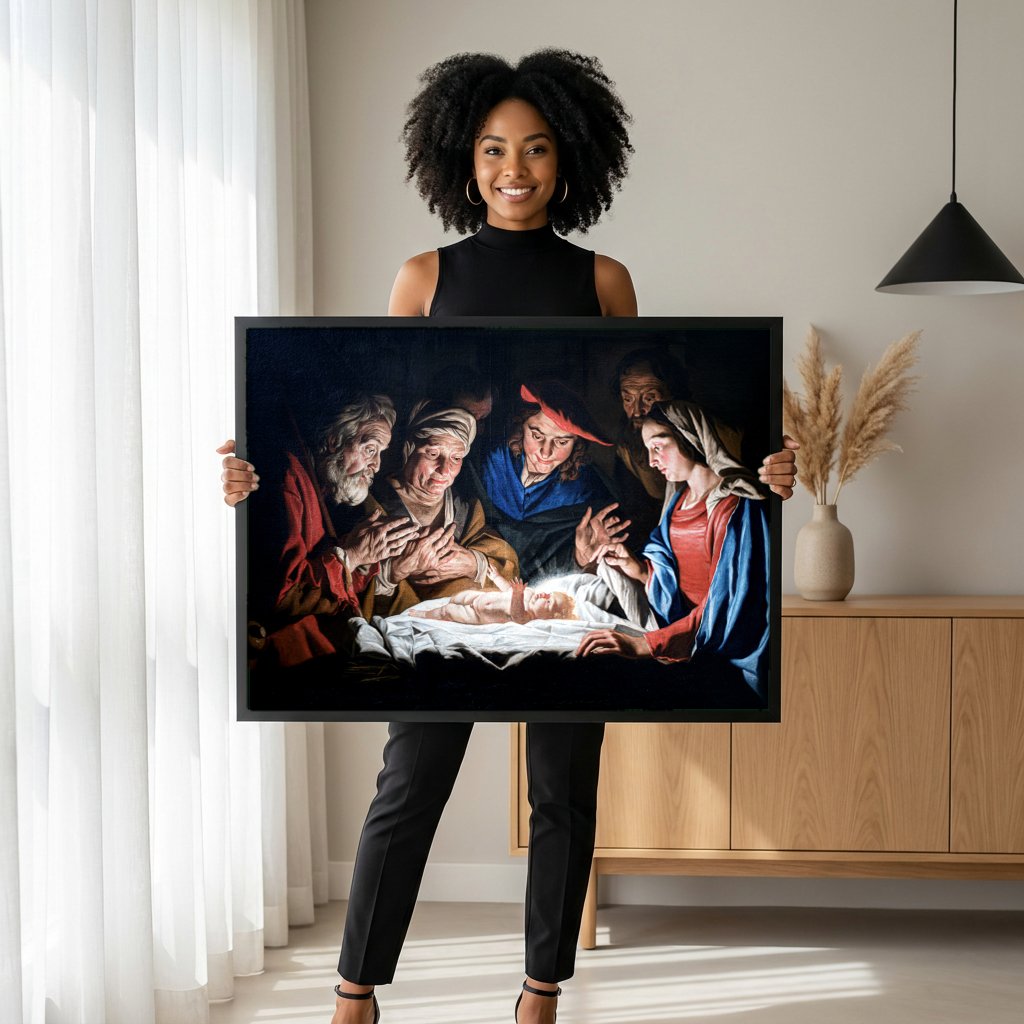 Quadro Decorativo Adoracao dos Pastores - Matthias Stomer com modelo em ambiente