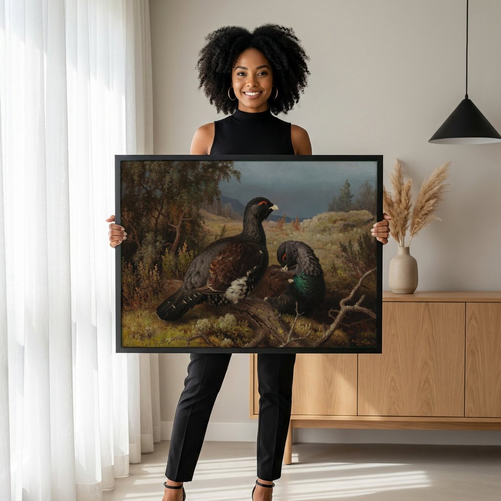 Quadro Decorativo Capercaillie na Floresta - Ferdinand von Wright com modelo em ambiente
