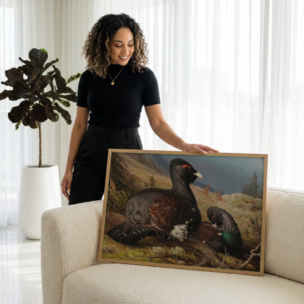 Quadro Decorativo Capercaillie na Floresta - Ferdinand von Wright com modelo em ambiente