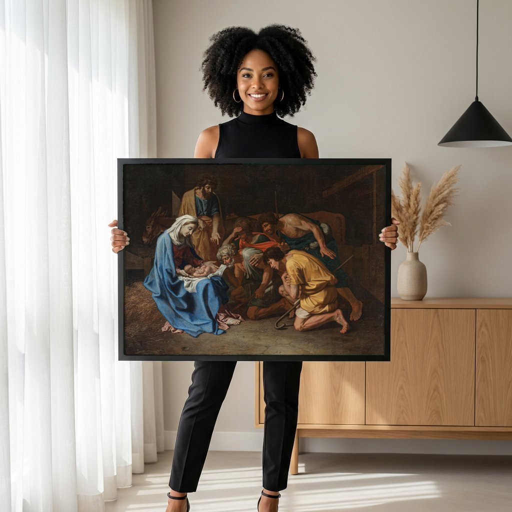 Quadro Decorativo Adoração dos Pastores - Nicolas Poussin com modelo em ambiente