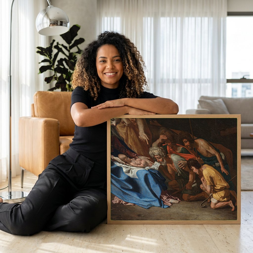 Quadro Decorativo Adoração dos Pastores - Nicolas Poussin com modelo em ambiente