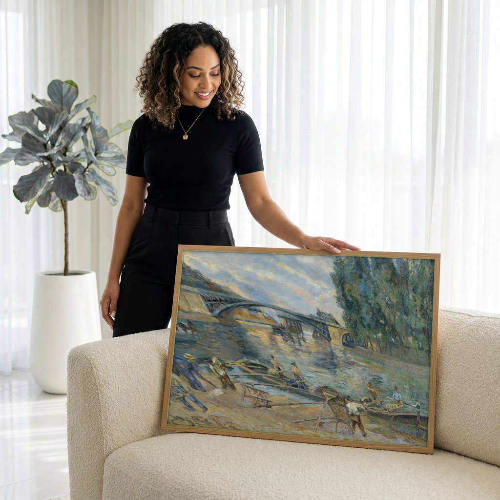 Quadro Decorativo A Ponte e os Lavadores - Armand Guillaumin com modelo em ambiente