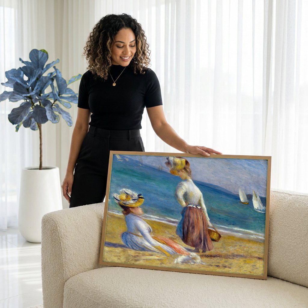 Quadro Decorativo Na Praia (Duas Mulheres com Criança) - Renoir com modelo em ambiente