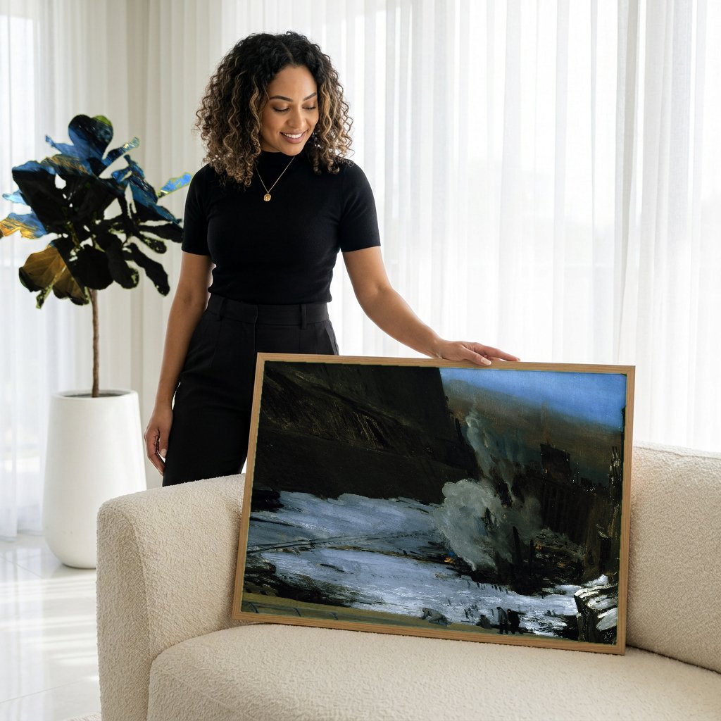 Quadro Decorativo 'The Riverfront' - George Bellows com modelo em ambiente