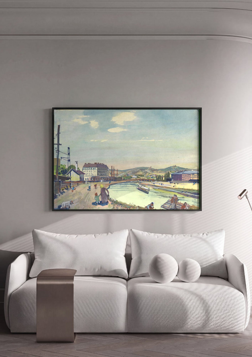 Quadro Decorativo 'Paisagem Urbana com Rio' - Oskar Laske em ambiente decorado
