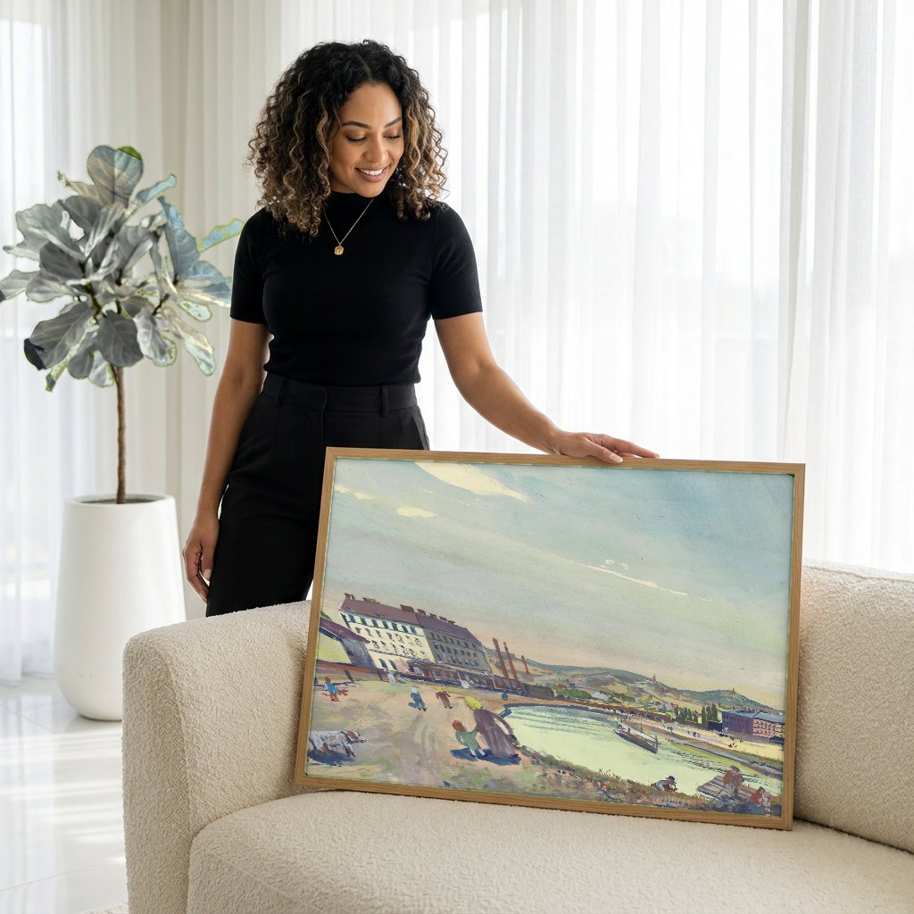 Quadro Decorativo 'Paisagem Urbana com Rio' - Oskar Laske com modelo em ambiente