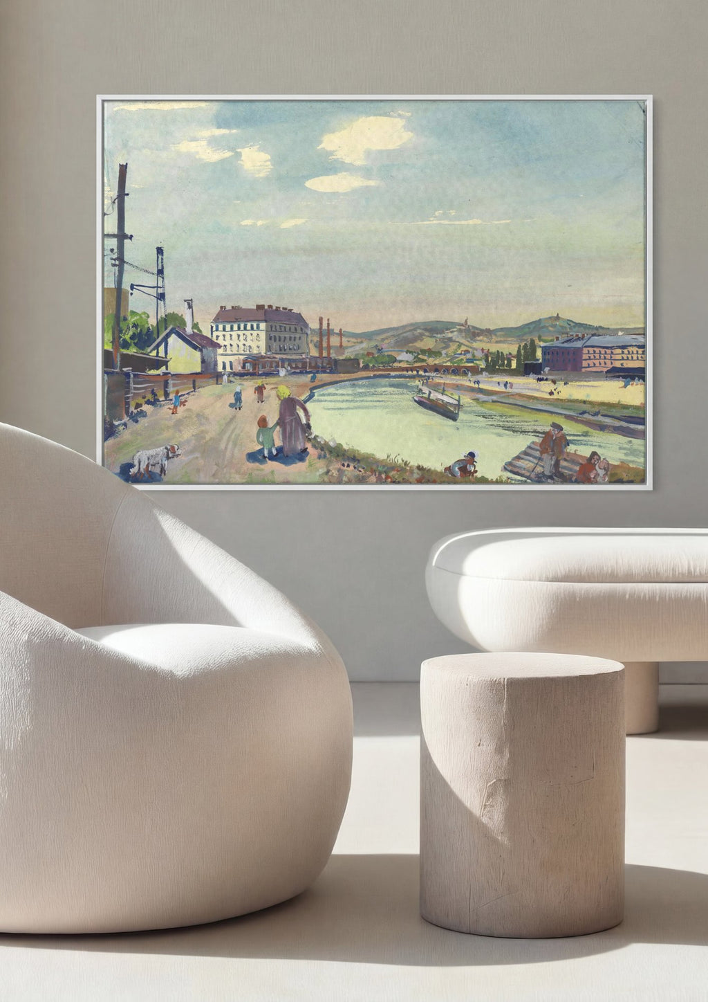 Quadro Decorativo 'Paisagem Urbana com Rio' - Oskar Laske em ambiente decorado