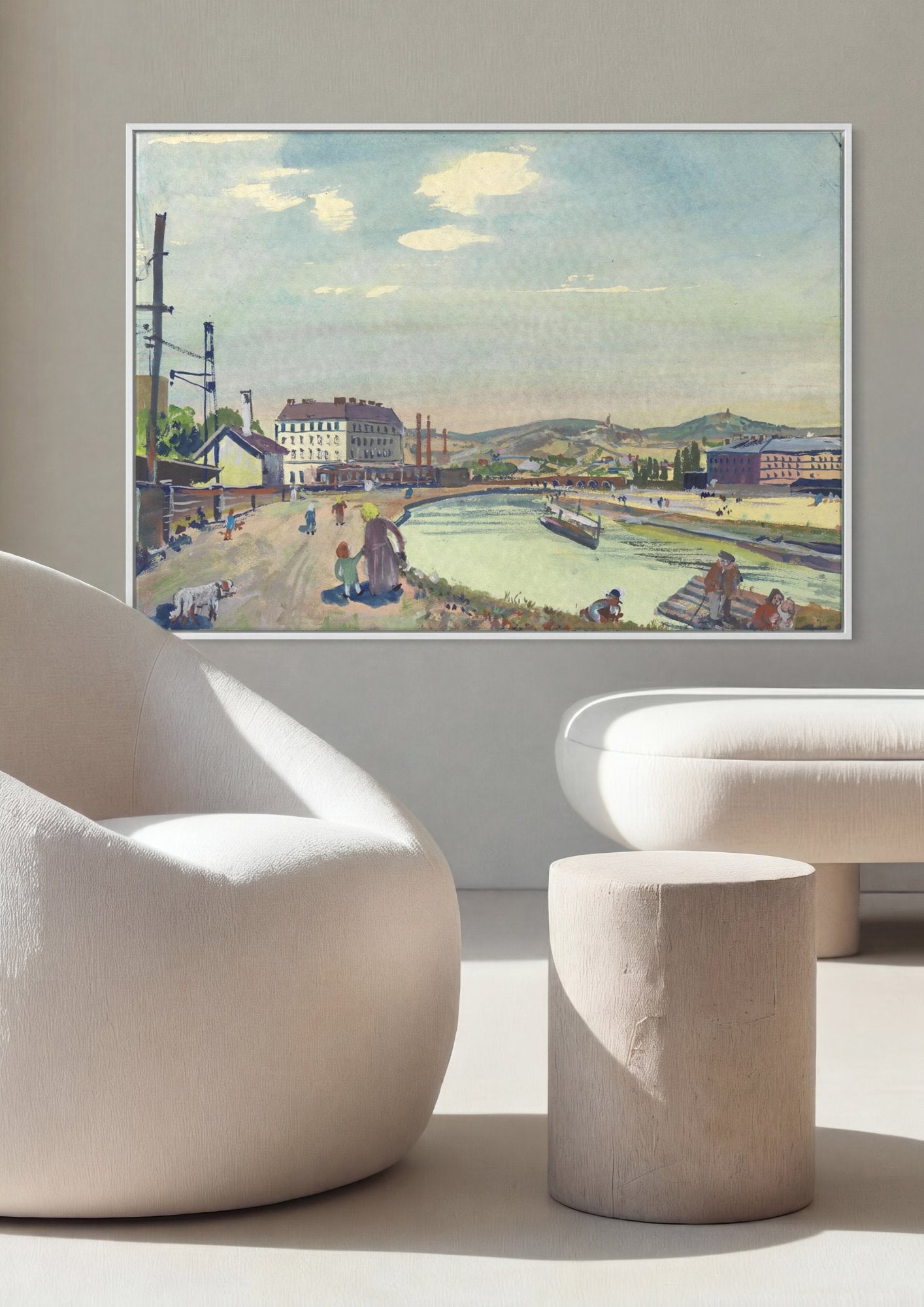 Quadro Decorativo 'Paisagem Urbana com Rio' - Oskar Laske em ambiente decorado
