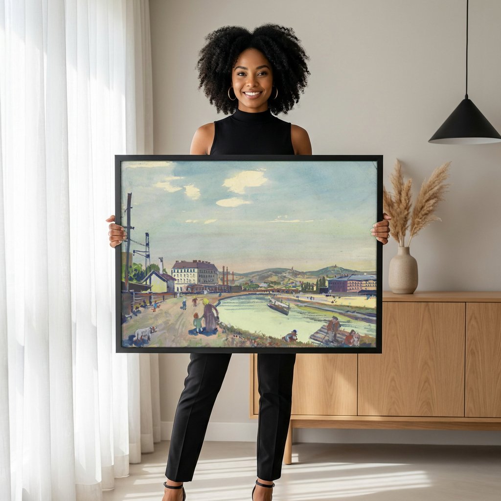 Quadro Decorativo 'Paisagem Urbana com Rio' - Oskar Laske com modelo em ambiente