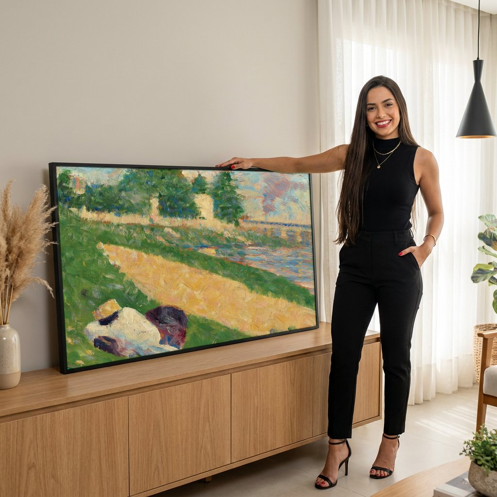 Quadro Decorativo Banhista à Beira do Rio - Georges Seurat com modelo em ambiente