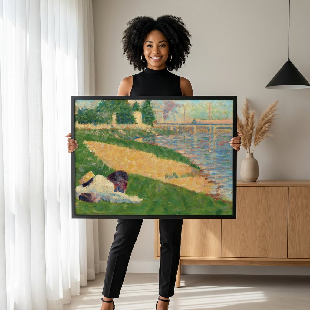 Quadro Decorativo Banhista à Beira do Rio - Georges Seurat com modelo em ambiente