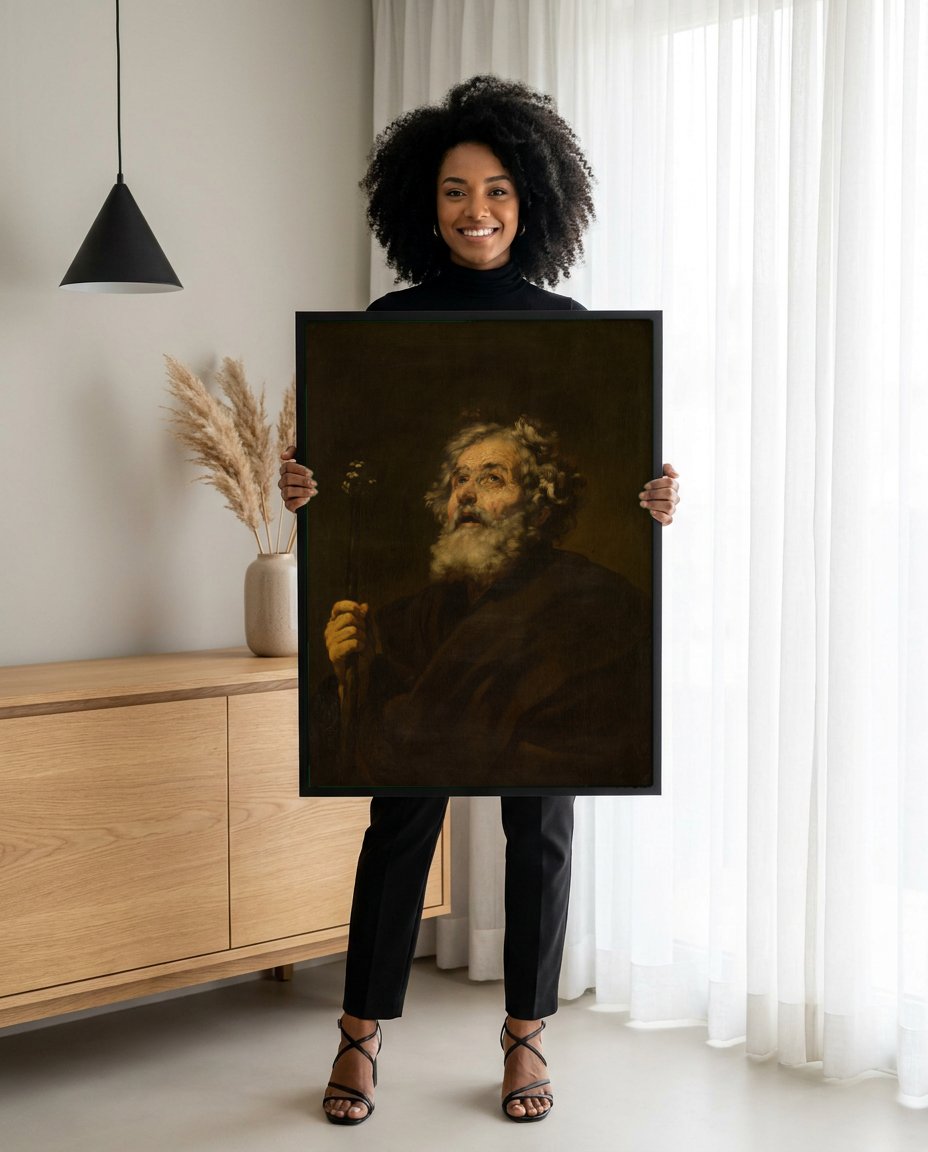 Quadro Decorativo 'O Eremita' - Jusepe de Ribera com modelo em ambiente