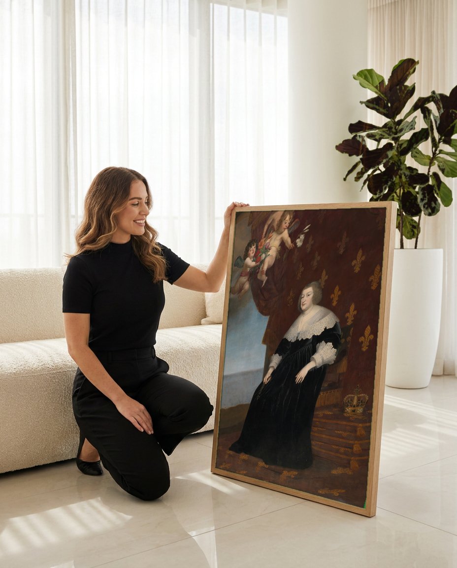 Quadro Decorativo 'Rainha Ana da Áustria' - Honthorst com modelo em ambiente