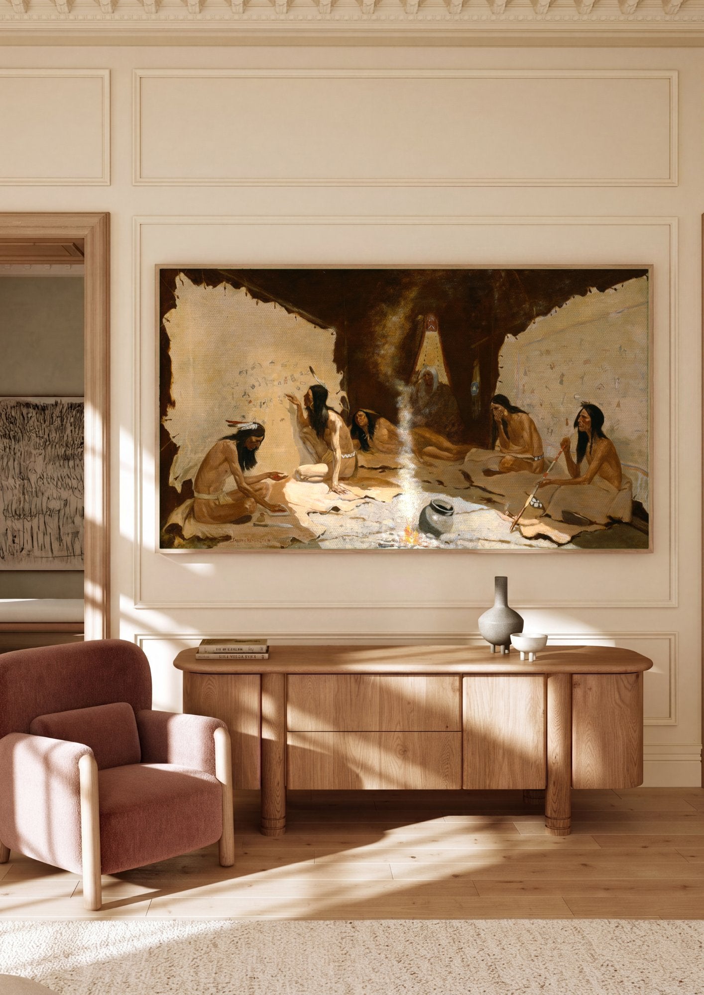 Quadro Decorativo A Contação de Histórias - Frederic Remington em ambiente decorado