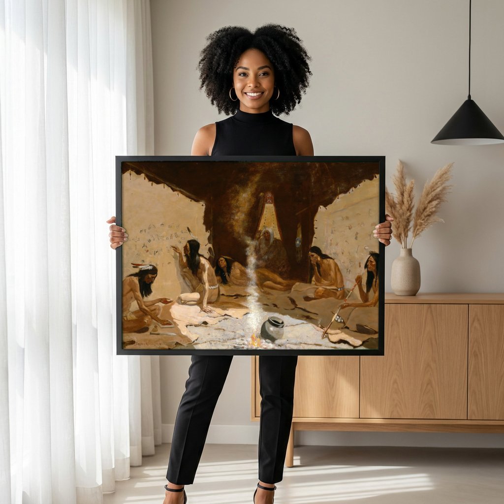 Quadro Decorativo A Contação de Histórias - Frederic Remington com modelo em ambiente
