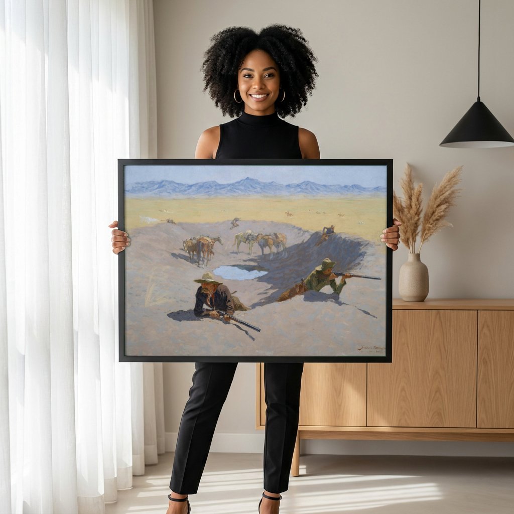 Quadro Decorativo A Última Água - Frederic Remington com modelo em ambiente