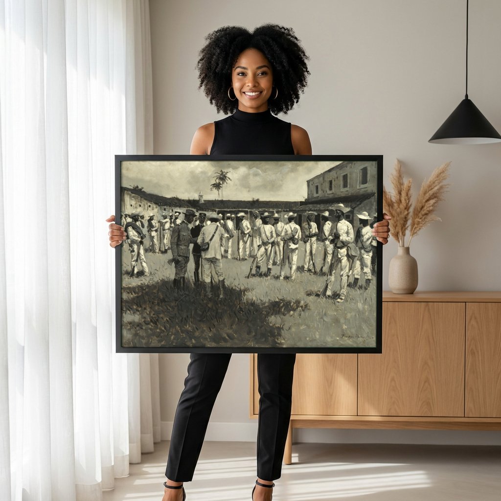 Quadro Decorativo 'Cuban Emigrès' - Frederic Remington com modelo em ambiente