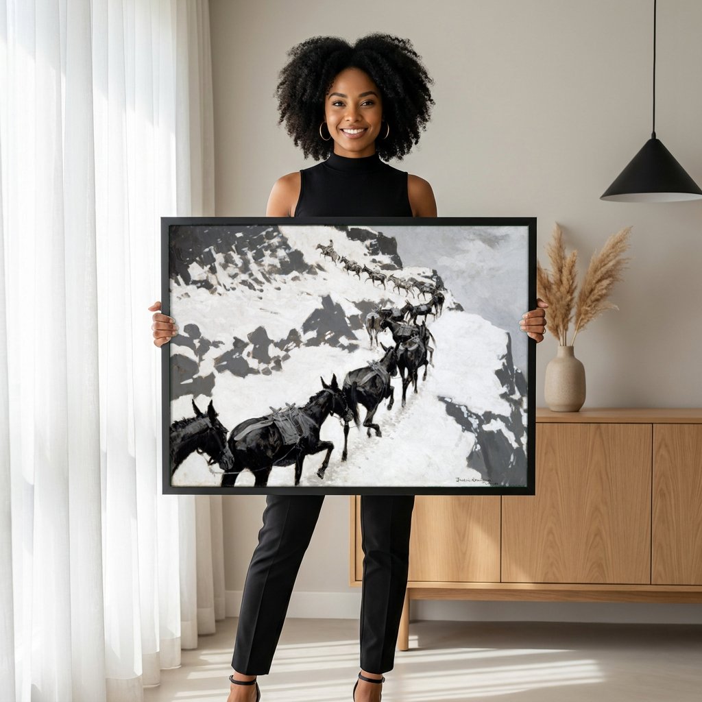 Quadro Decorativo Mulas na Neve - Frederic Remington com modelo em ambiente