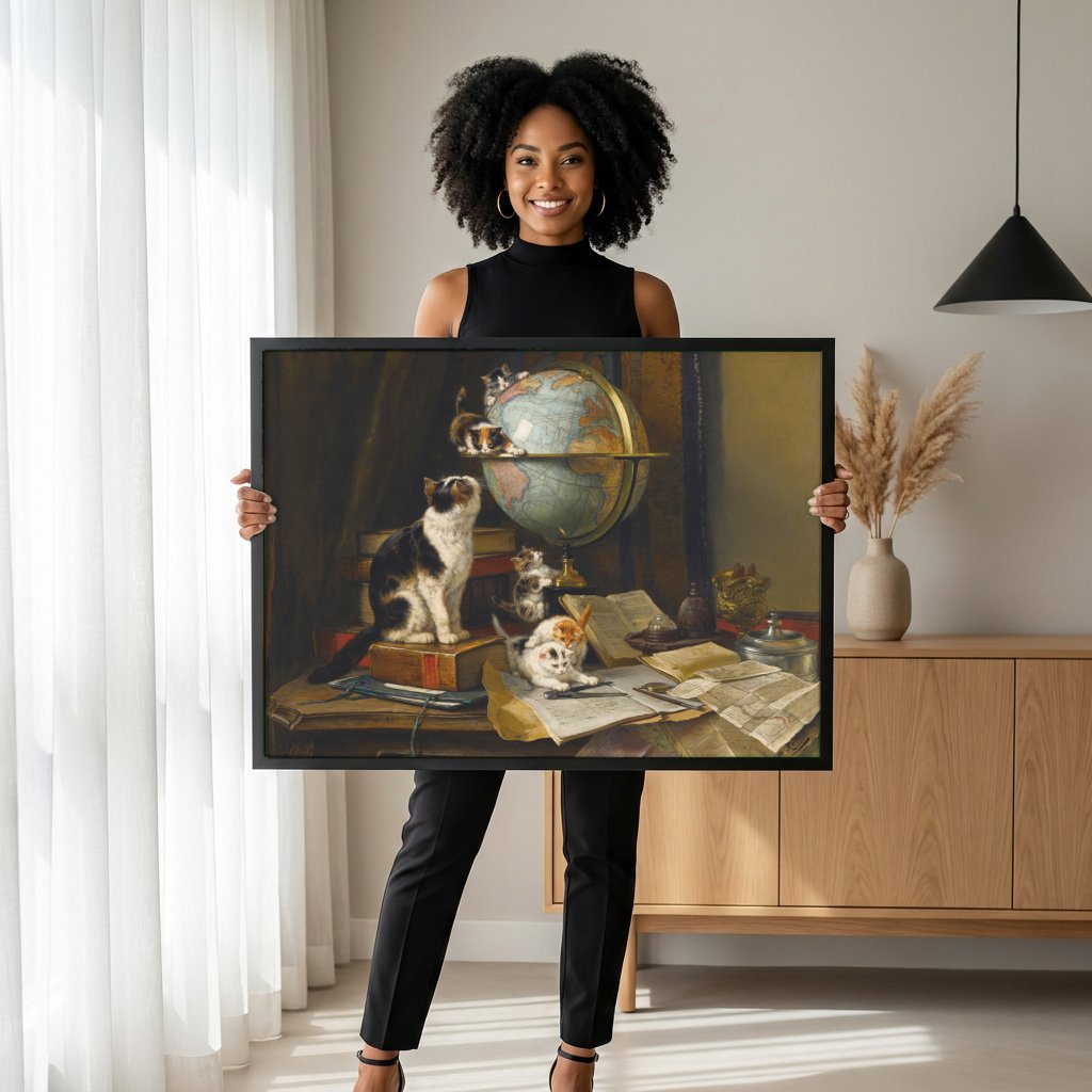 Quadro Decorativo Gatos e o Globo - Henriëtte Ronner-Knip com modelo em ambiente