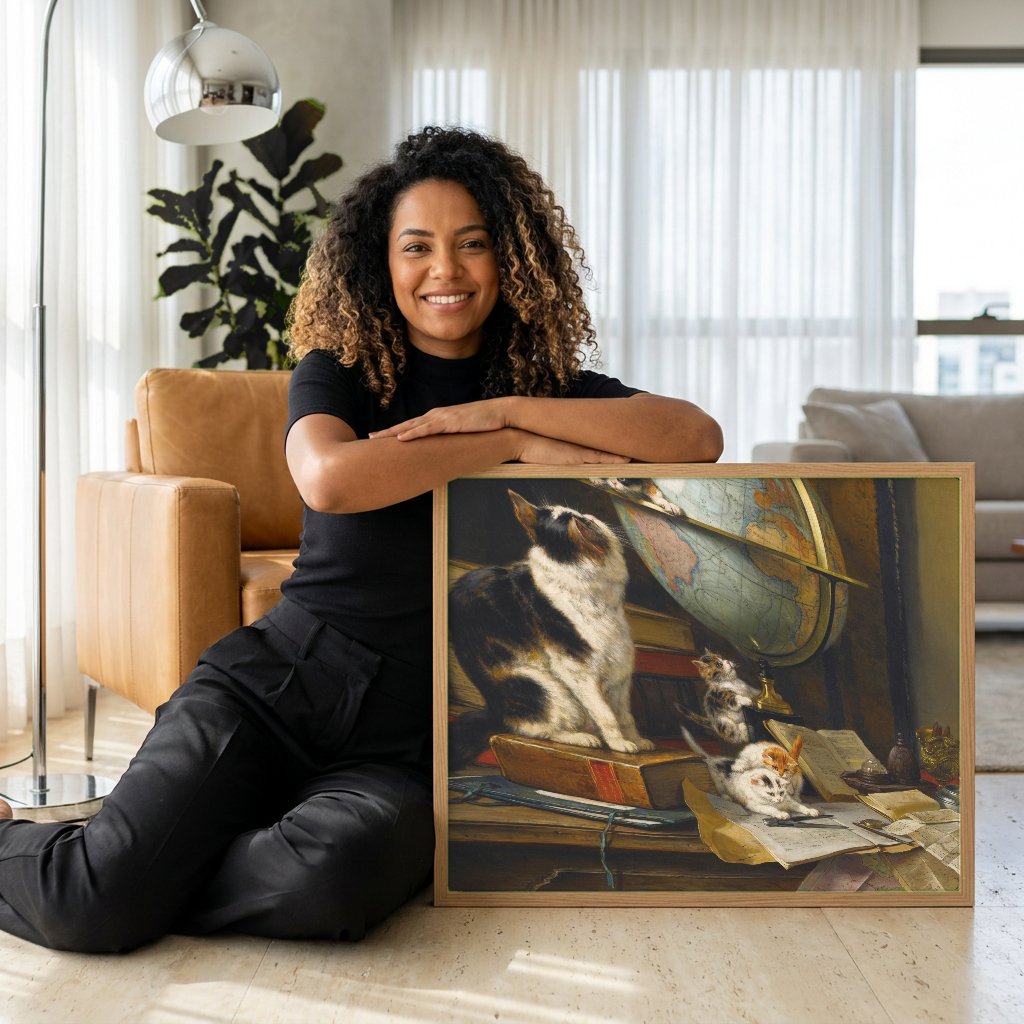 Quadro Decorativo Gatos e o Globo - Henriëtte Ronner-Knip com modelo em ambiente