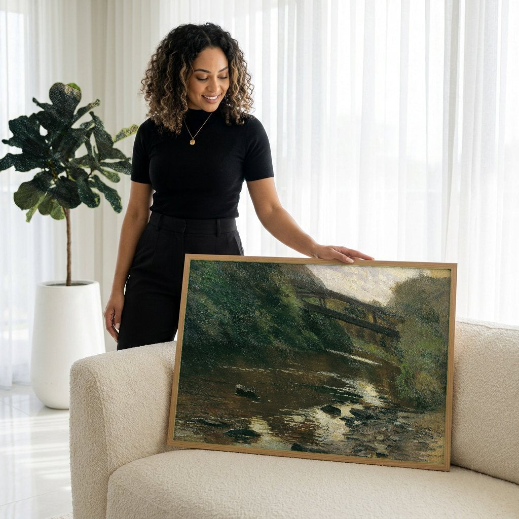 Quadro Decorativo Rio na Floresta - Marie Egner com modelo em ambiente