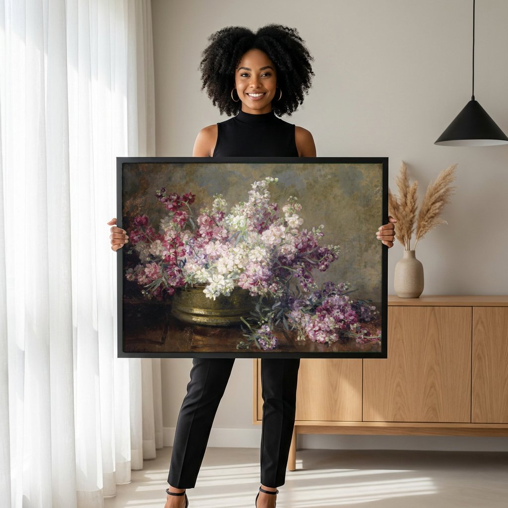 Quadro Decorativo Cesto de Flores - Marie Egner com modelo em ambiente