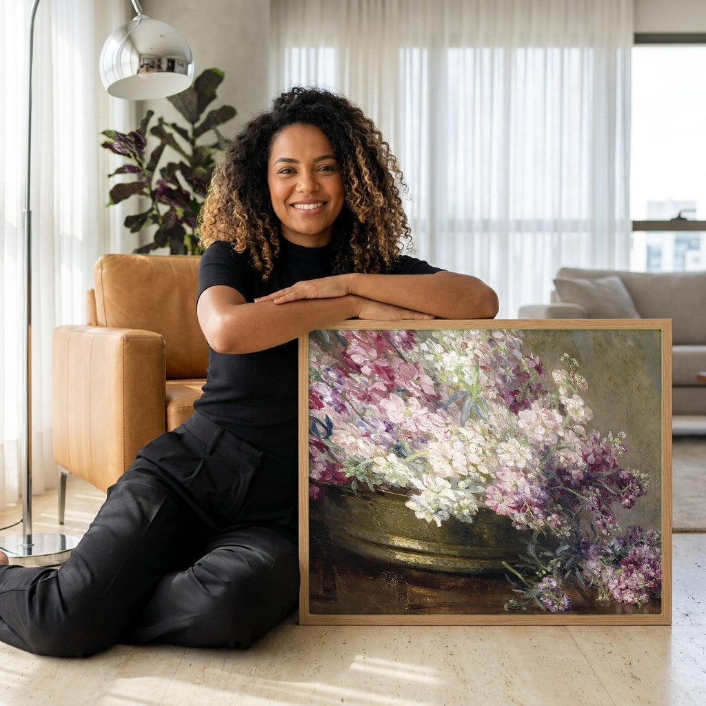 Quadro Decorativo Cesto de Flores - Marie Egner com modelo em ambiente