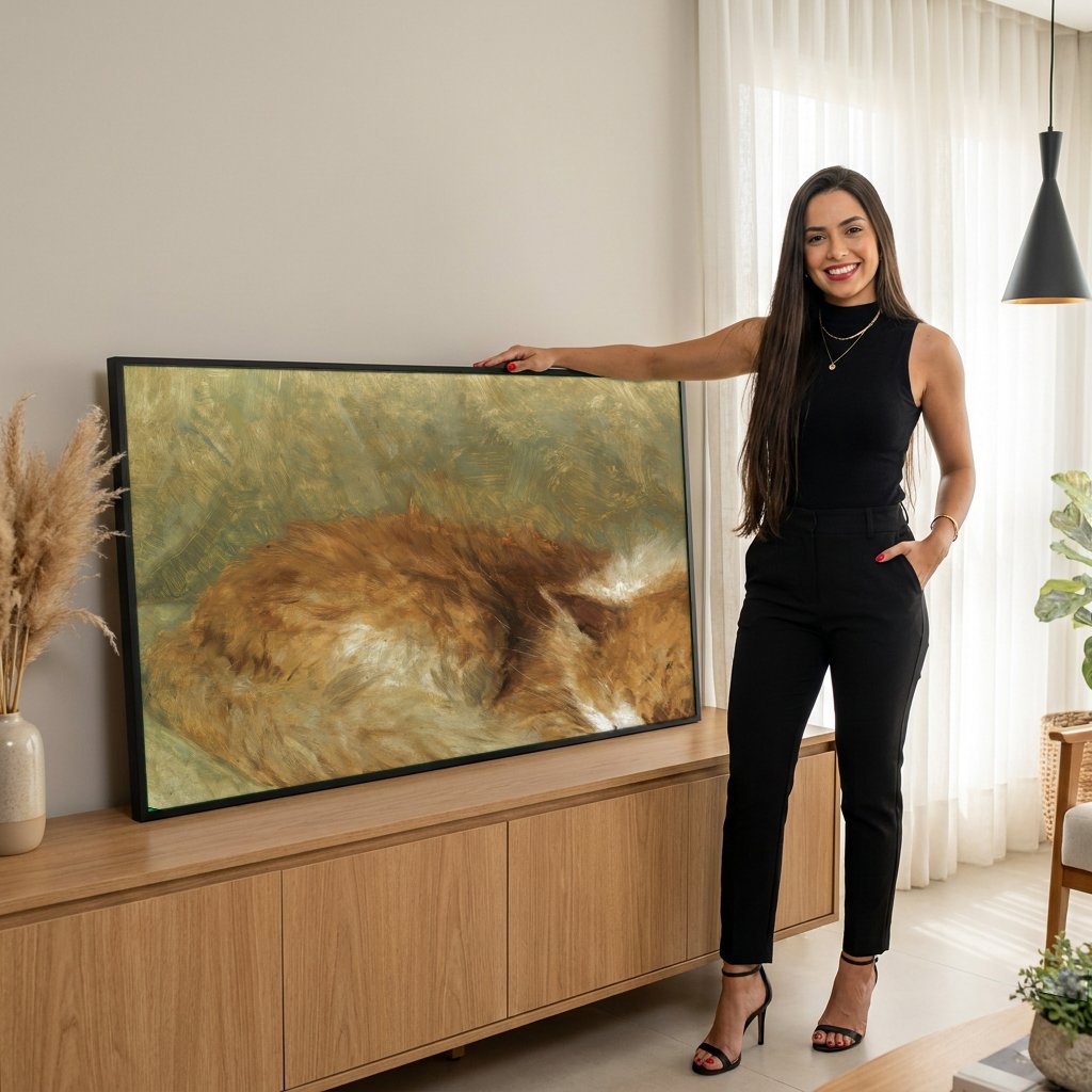 Quadro Decorativo Gato Adormecido - Henriëtte Ronner-Knip com modelo em ambiente