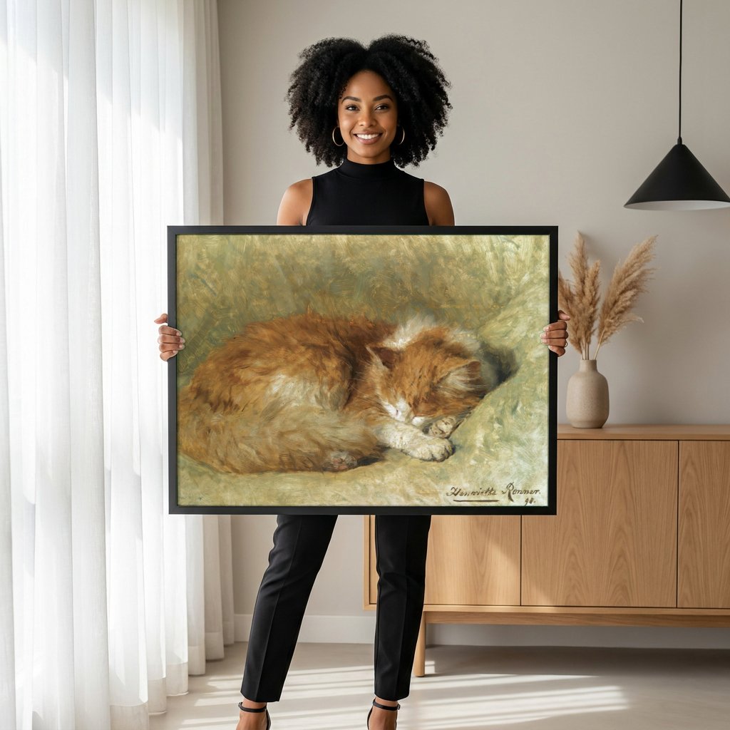 Quadro Decorativo Gato Adormecido - Henriëtte Ronner-Knip com modelo em ambiente