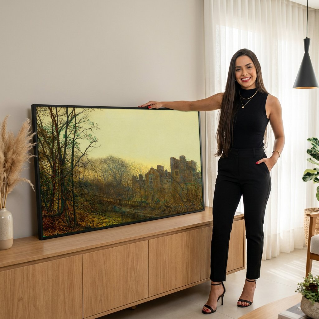Quadro Decorativo Castelo Iluminado - Grimshaw com modelo em ambiente